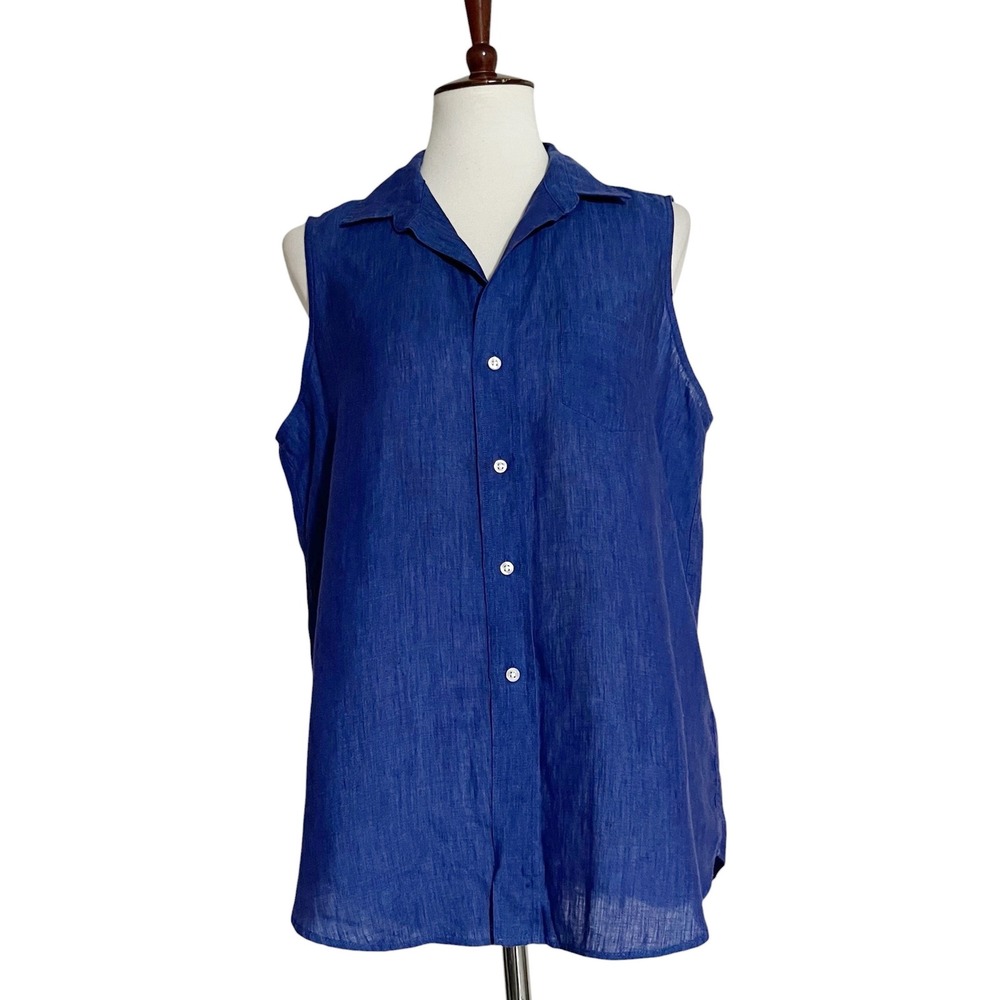 Frank & Eileen Fiona Royal Blue 100% Linen Sleeveless Button Up Shirt Large - Picture 3 of 13